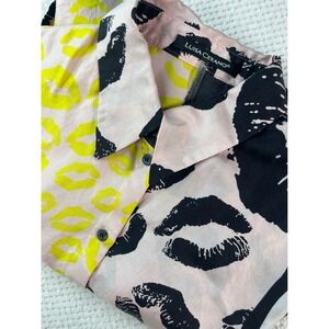 Luisa Cerano Lips Print Button Down Shirt Pink Yellow Black Italian Fabric Sz 10